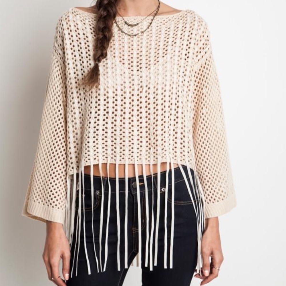 Cream Chunky Knit Fringe Sweater